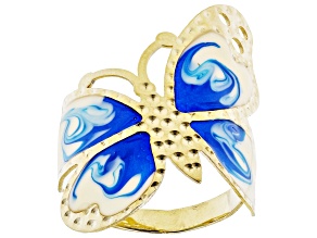 10K Yellow Gold Blue Enamel Butterfly Ring