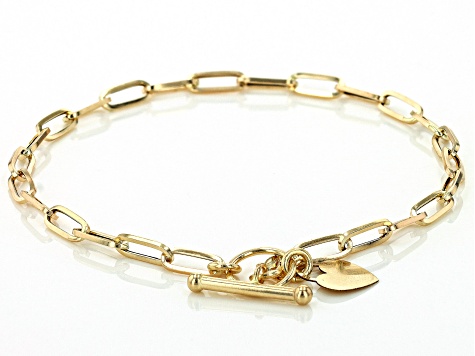 10K Yellow Gold 3.8mm Paperclip Link Bracelet With Heart Toggle