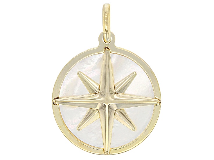 14K Gold Mother of Pearl Compass Coin Diamond Necklace Charm