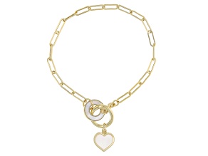 10K Yellow Gold Paperclip Link Bracelet With Mother-Of-Pearl Heart