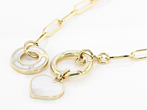 10K Yellow Gold Paperclip Link Bracelet With Mother-Of-Pearl Heart