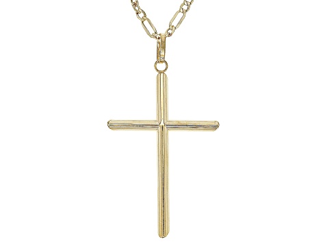 10k Yellow Gold Cross & 3+1 Figaro 18 Inch Necklace