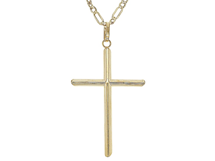 10k Yellow Gold Cross & 3+1 Figaro 18 Inch Necklace