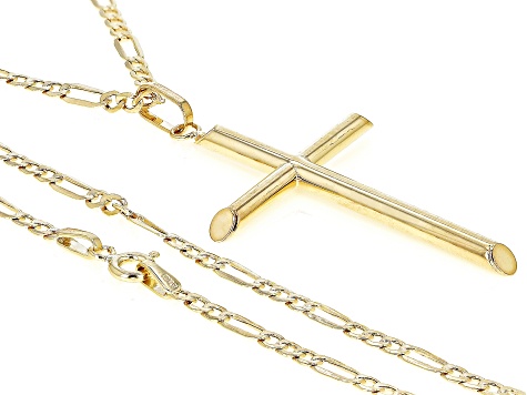 10k Yellow Gold Cross & 3+1 Figaro 18 Inch Necklace