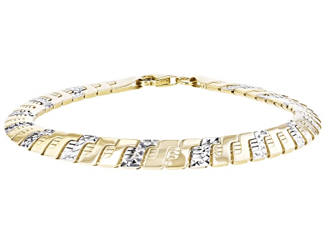 10k Yellow Gold & Rhodium Over 10k Yellow Gold Diamond-Cut Designer Link Bracelet