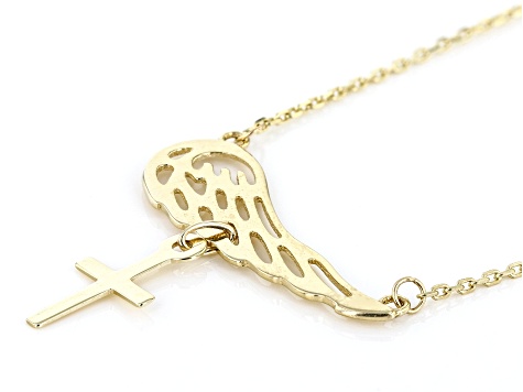 10k Yellow Gold Cross & Angel Wing 17 Inch Necklace