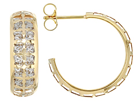 10k Yellow Gold & Rhodium Over 10k White Gold Bridge Design Diamond-Cut & Polished Hoop Earrings