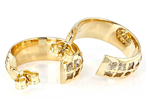 10k Yellow Gold & Rhodium Over 10k White Gold Bridge Design Diamond-Cut & Polished Hoop Earrings