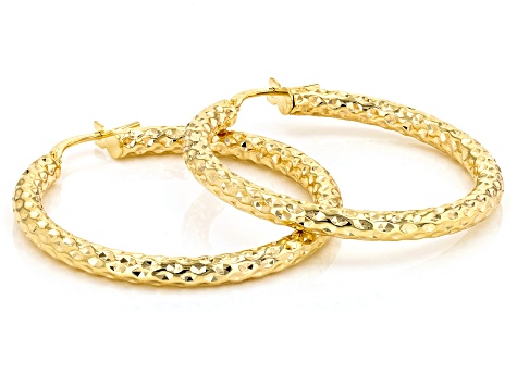 10k Yellow Gold 3mm Diamond-Cut & Hammered Hoop Earrings