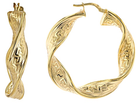 10k Yellow Gold Twisted Greek Key Hoop Earrings