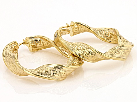 10k Yellow Gold Twisted Greek Key Hoop Earrings