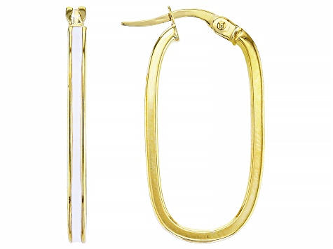 10k Yellow Gold White Enamel Oval Hoop Earrings