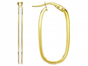 10k Yellow Gold White Enamel Oval Hoop Earrings