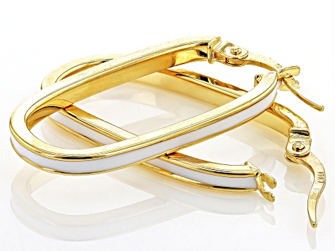 10k Yellow Gold White Enamel Oval Hoop Earrings