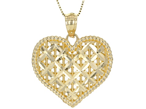 14K Yellow Gold Polished Diamond Cut X Pattern Heart Pendant with Box Chain 18 Inch Necklace AU1826 JTV