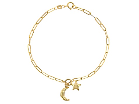 10k Yellow Gold Moon & Star Charm Paperclip Link Bracelet