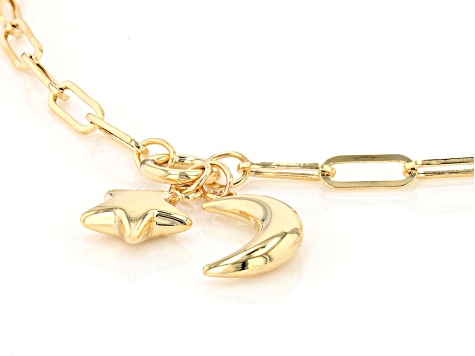 10k Yellow Gold Moon & Star Charm Paperclip Link Bracelet