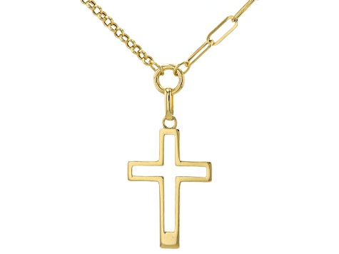 10k Yellow Gold Rolo & Paperclip Link 18 Inch Cross Necklace