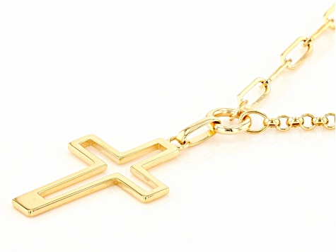 10k Yellow Gold Rolo & Paperclip Link 18 Inch Cross Necklace