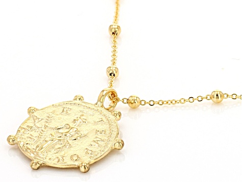 10k Yellow Gold Bead Station 18 Inch Replica Coin Necklace