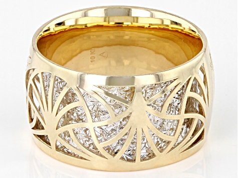10k Yellow Gold & Rhodium Over 10k White Gold 11.7mm Double Layer Patterned Band Ring