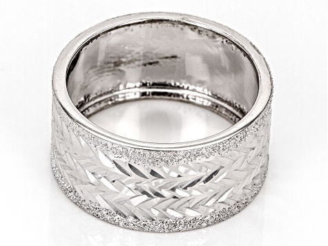 Rhodium Over 10k White Gold 10mm Diamond-Cut Textured Band Ring