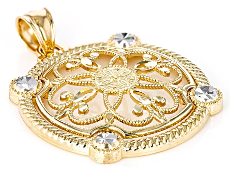 10k Yellow Gold & Rhodium Over 10k White Gold Diamond-Cut Medallion Pendant
