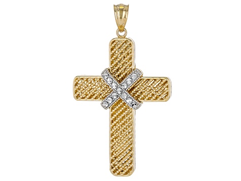 10k Yellow Gold & Rhodium Over 10k White Gold Diamond-Cut Cross Pendant