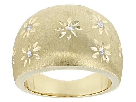 10k Yellow Gold & Rhodium Over 10k Yellow Gold Diamond-Cut Flower Design Domed Ring