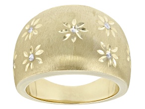 10k Yellow Gold & Rhodium Over 10k Yellow Gold Diamond-Cut Flower Design Domed Ring