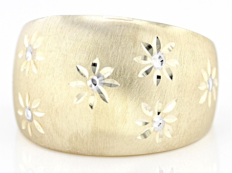 10k Yellow Gold & Rhodium Over 10k Yellow Gold Diamond-Cut Flower Design Domed Ring