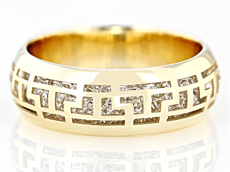 10k Yellow Gold & Rhodium Over 10k Yellow Gold Bridge Design Diamond-Cut Greek Key Pattern Ring