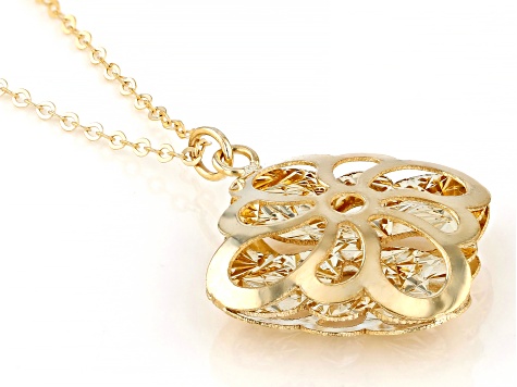 10k Yellow Gold Rolo Link Filigree Flower Pendant 20 Inch Necklace