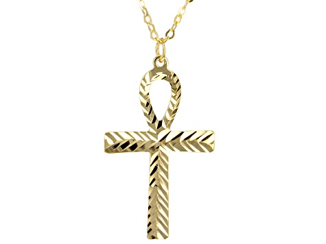 14k Yellow Gold Diamond-Cut Ankh Pendant Rolo Link 20 Inch Necklace