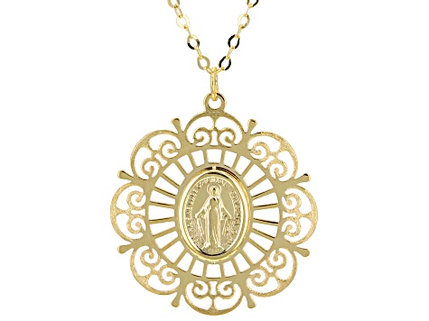 14k Yellow Gold Holy Mary Filigree Pendant Rolo Link 20 Inch Necklace