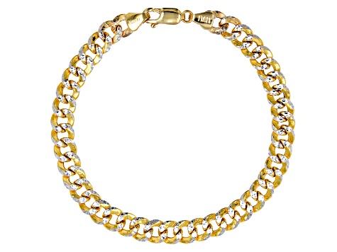10k Yellow Gold & Rhodium Over 10k Yellow Gold 6.4mm Diamond Cut Curb Link Bracelet