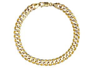 10k Yellow Gold & Rhodium Over 10k Yellow Gold 6.4mm Diamond Cut Curb Link Bracelet