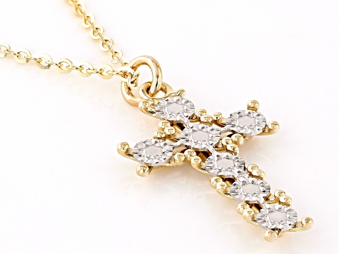 10k Yellow Gold & Rhodium Over 10k Yellow Gold Diamond-Cut Cross Pendant Cable Link 20 Inch Necklace