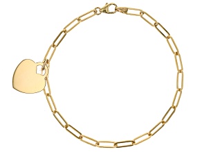 14k Yellow Gold Paperclip Link Heart Charm Bracelet