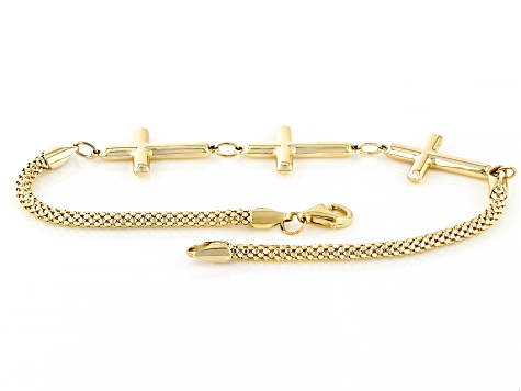 10k Yellow Gold Popcorn Link Triple Cross Bracelet