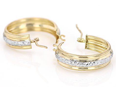 10k Yellow Gold & Rhodium Over 10k Yellow Gold Polished & Diamond-Cut Hoop Earrings