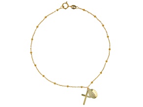 10k Yellow Gold Cross & Holy Mary Charm Bead Station Bracelet