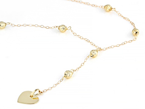 10k Yellow Gold Diamond Cut 4mm Bead Tincup Lariat with Heart Drop Necklace
