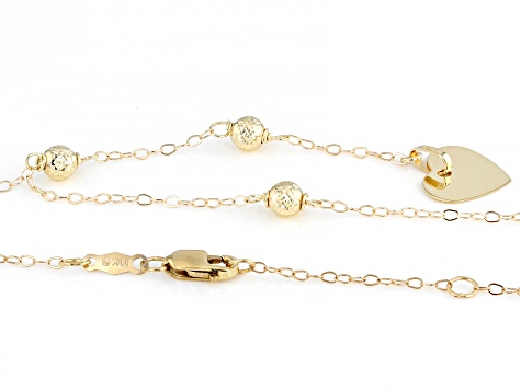 10k Yellow Gold Diamond Cut 4mm Bead Tincup Lariat with Heart Drop Necklace