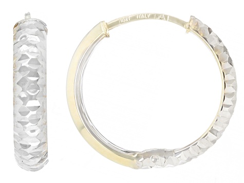 10k Yellow and White Gold Two-Tone 0.75" Diamond Cut Night and Day Huggie Hoop Earrings
