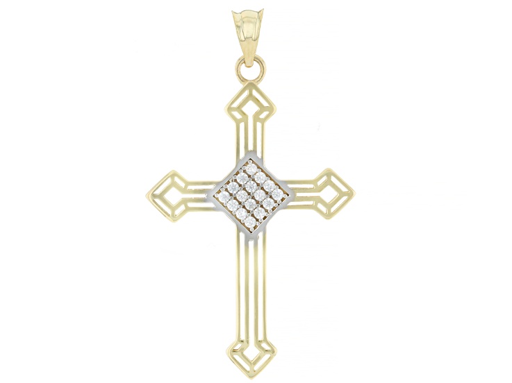 Cubic Zirconia 10k Yellow and White Gold Two-Tone Cross Pendant 0.32ctw