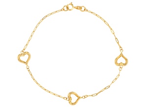 10k Yellow Gold 1.42mm Paperclip and Hearts Station Bracelet