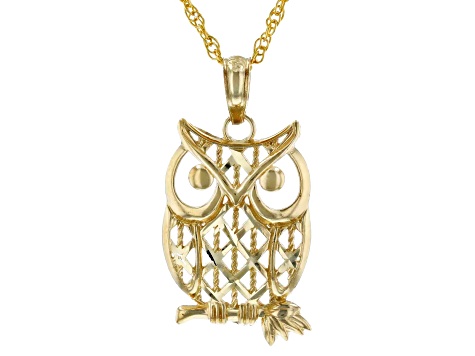 10K Yellow Gold Polished Diamond Cut Owl on Branch X Pattern Pendant with 14K Gold Filled Rope Chain