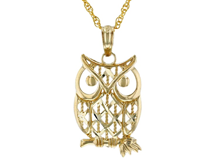 14K Yellow Gold Owl Pendant on an Adjustable 14K Yellow Gold Chain Necklace 