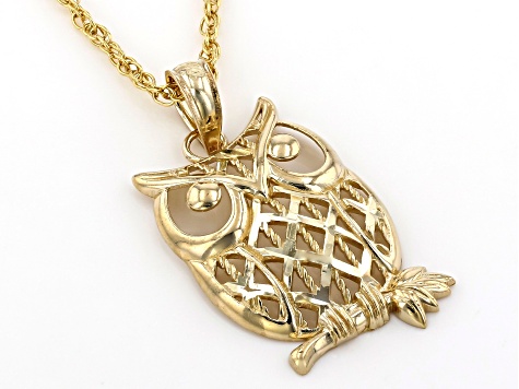 10K Yellow Gold Polished Diamond Cut Owl on Branch X Pattern Pendant with 14K Gold Filled Rope Chain